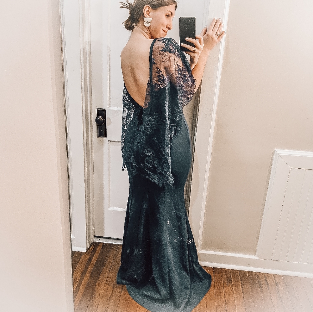 Prom Lulu's Navy Eyelash Lace Cape Dress Formal  Christmas Gown
